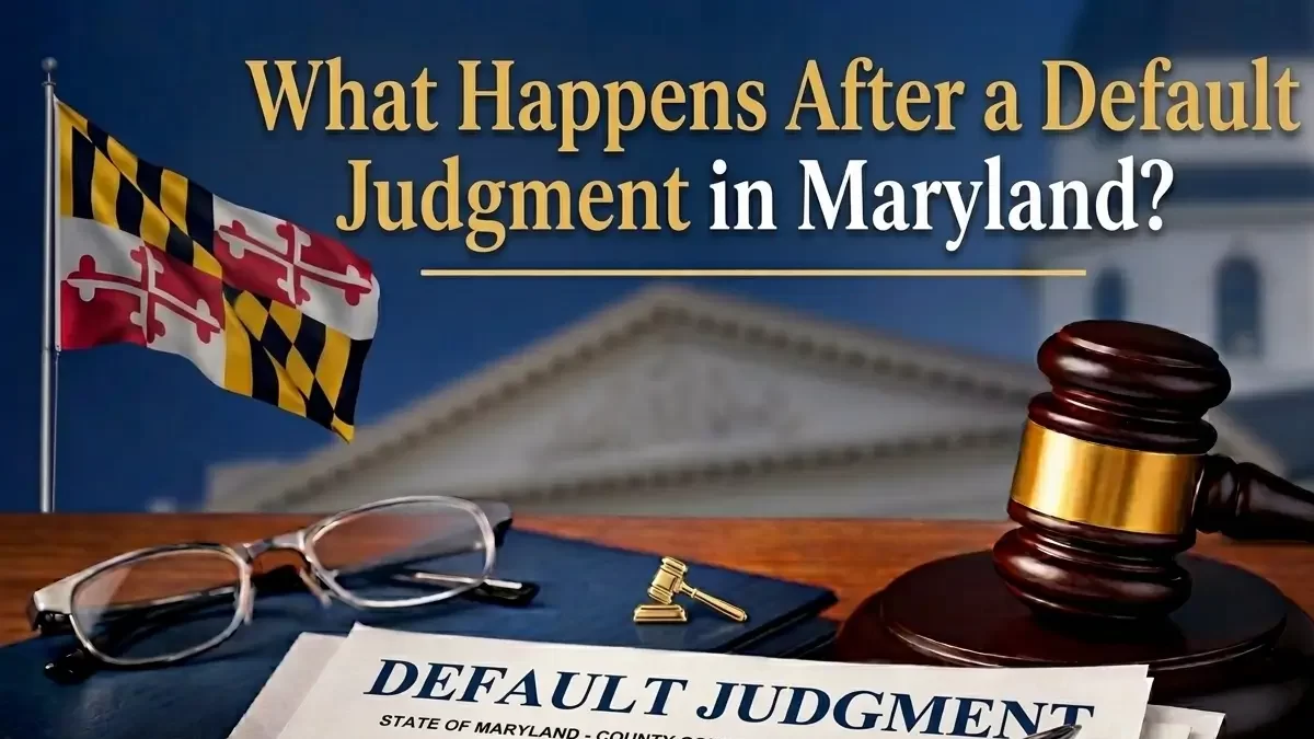 A legal desk setup with a 'Default Judgment' order, a gavel, and the Maryland flag, designed as a blog header.
