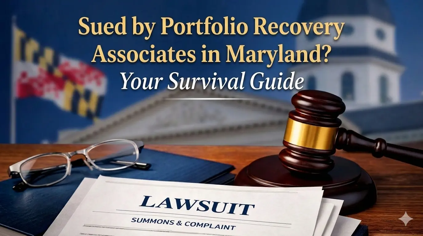 A survival guide for being sued by Portfolio Recovery Associates in Maryland, showing a legal summons, gavel, and Maryland State House background.
